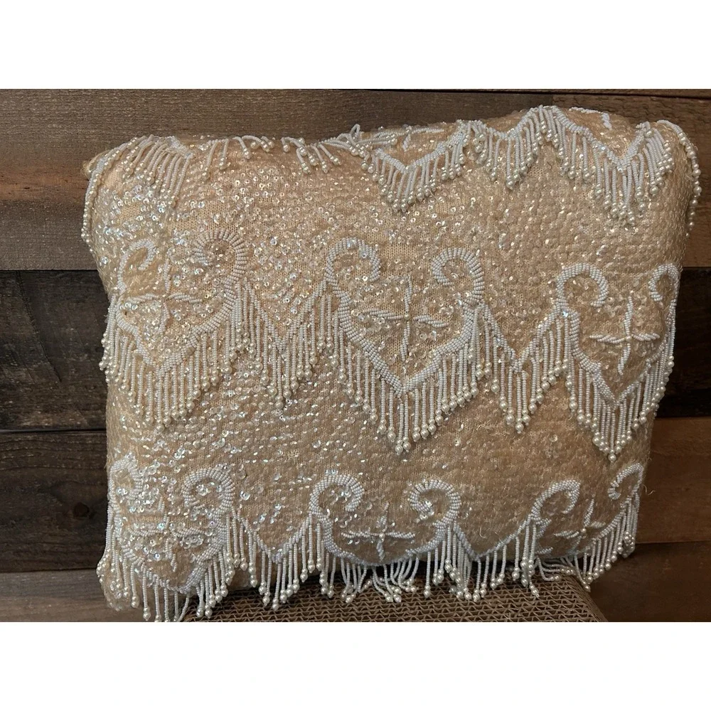Beaded Decorative Pillow Champaign Tan‎ Ivory Beads Sequence, 14
